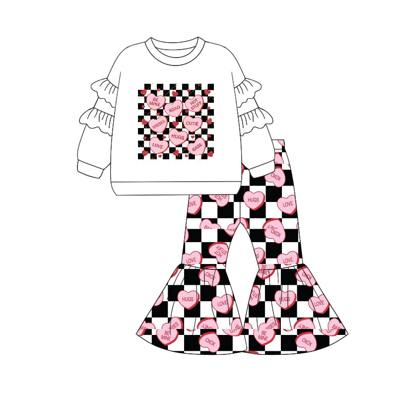Plaid heart ruffle top bell bottom pants girls valentine's outfits