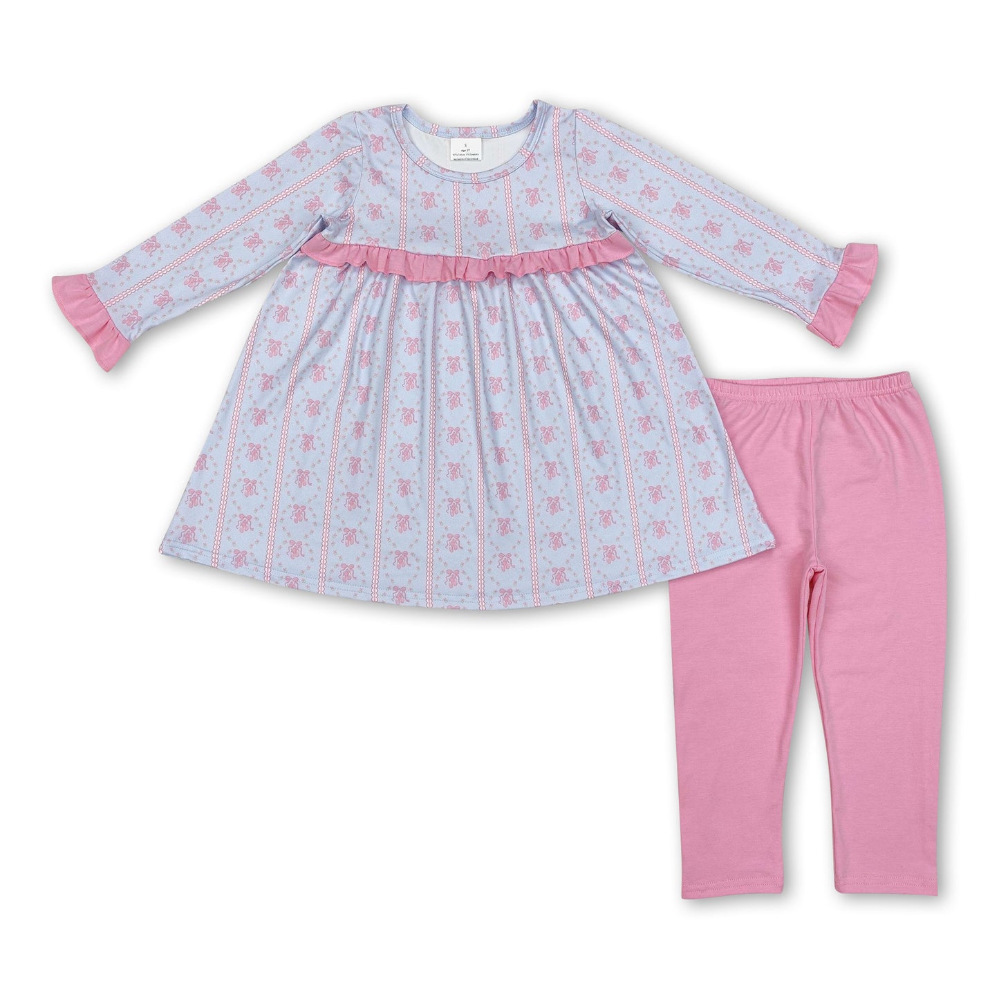 Pink bow long sleeves tunic leggings girls clothing set