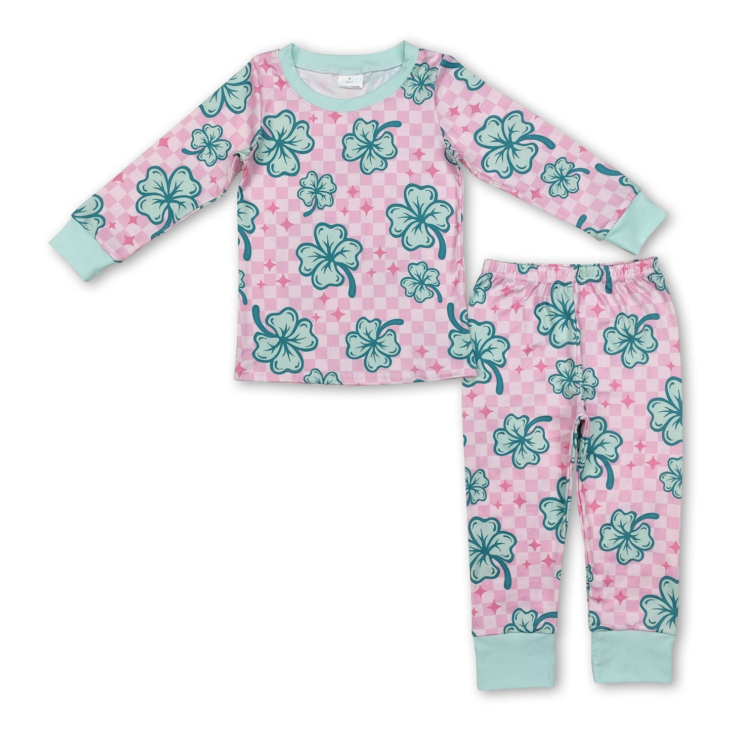Pink plaid clovers long sleeves kids girls St Patrick's day pajamas