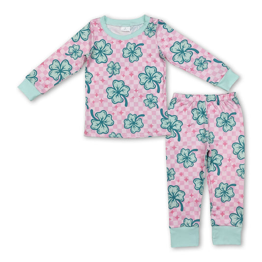 Pink plaid clovers long sleeves kids girls St Patrick's day pajamas