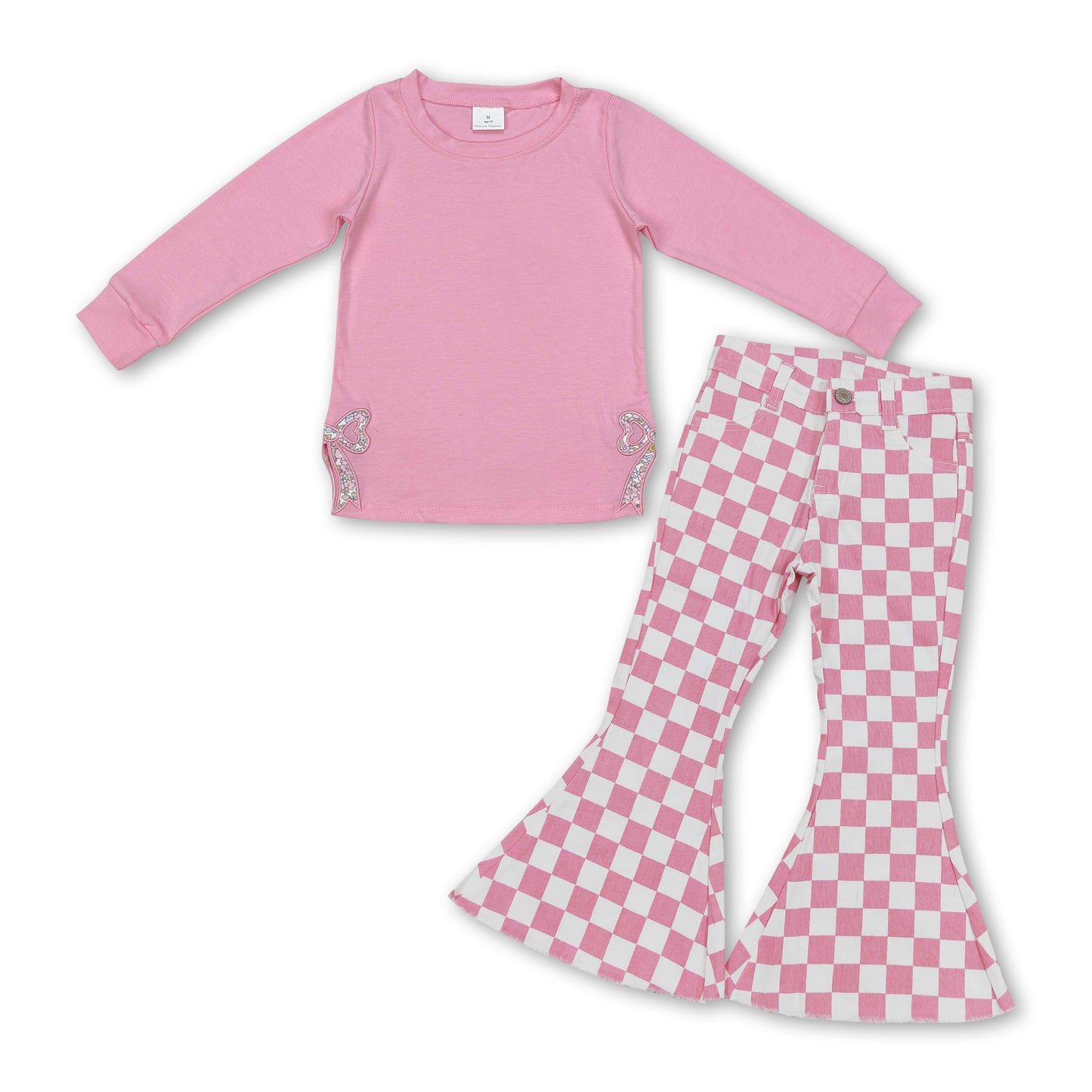 Pink floral bow embroidery top plaid jeans girls clothes