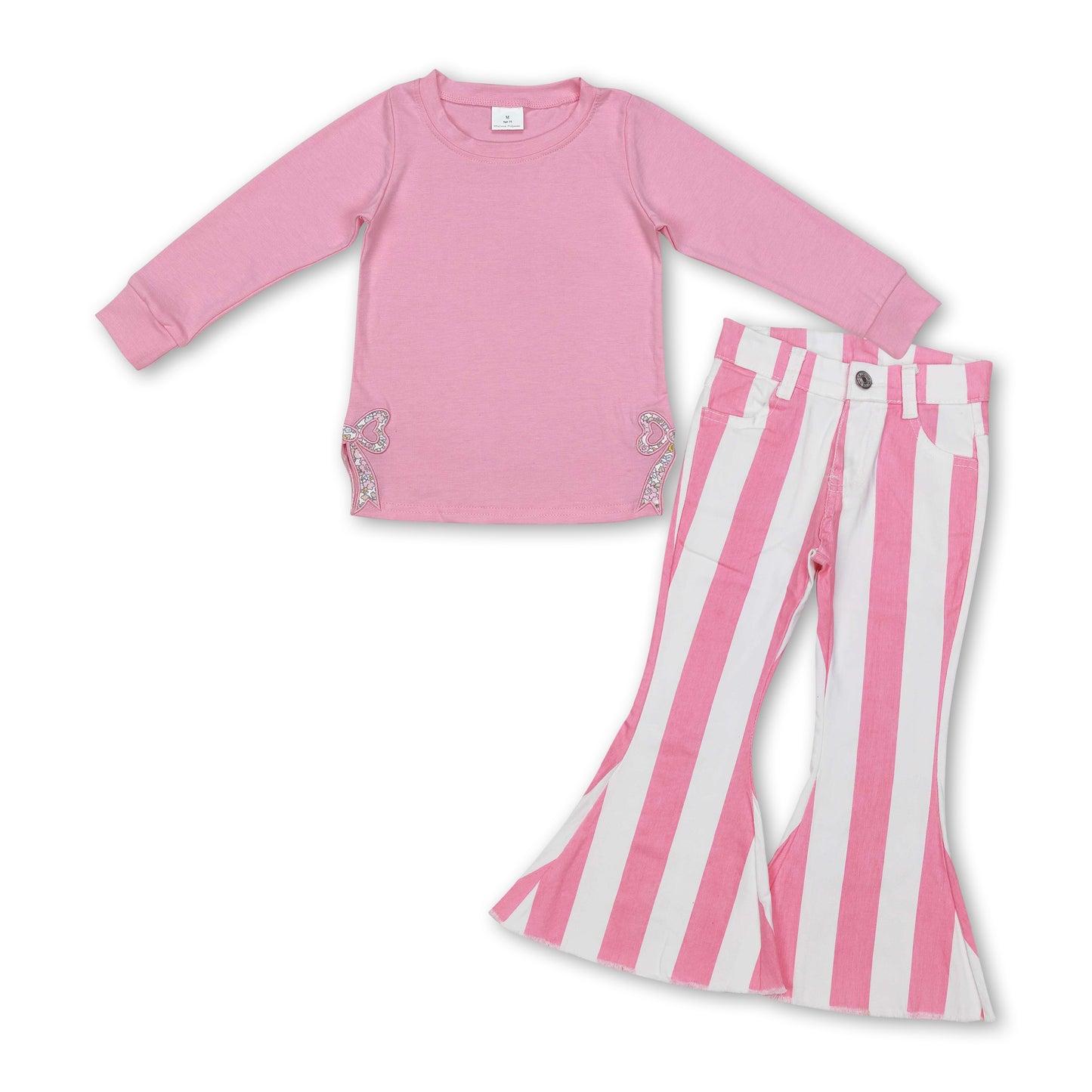 Pink floral bow embroidery top stripe jeans girls clothes