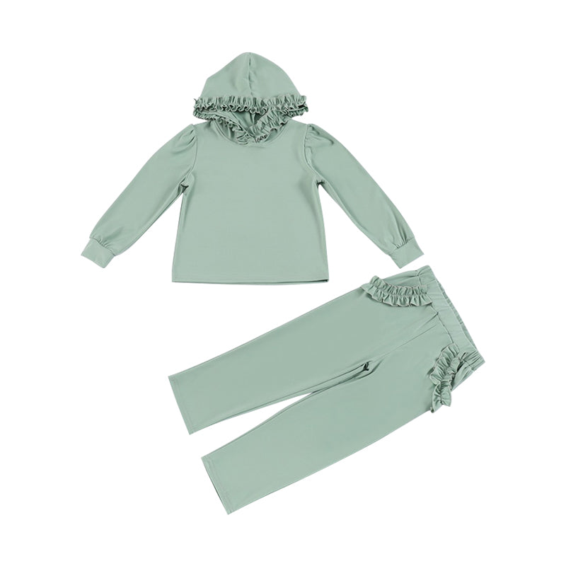 Mint ruffle long sleeves hoodie pockets pants girls clothes