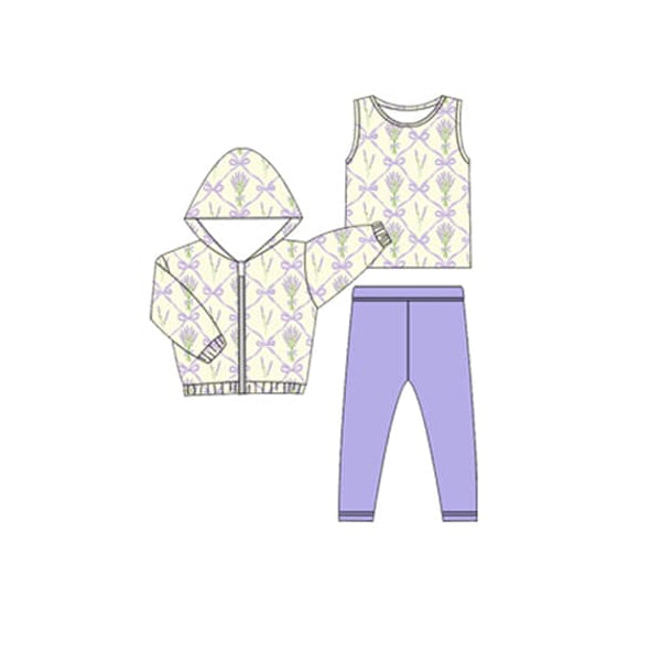 Sleeveless floral bow top leggings jacket 3 pcs girls clothes