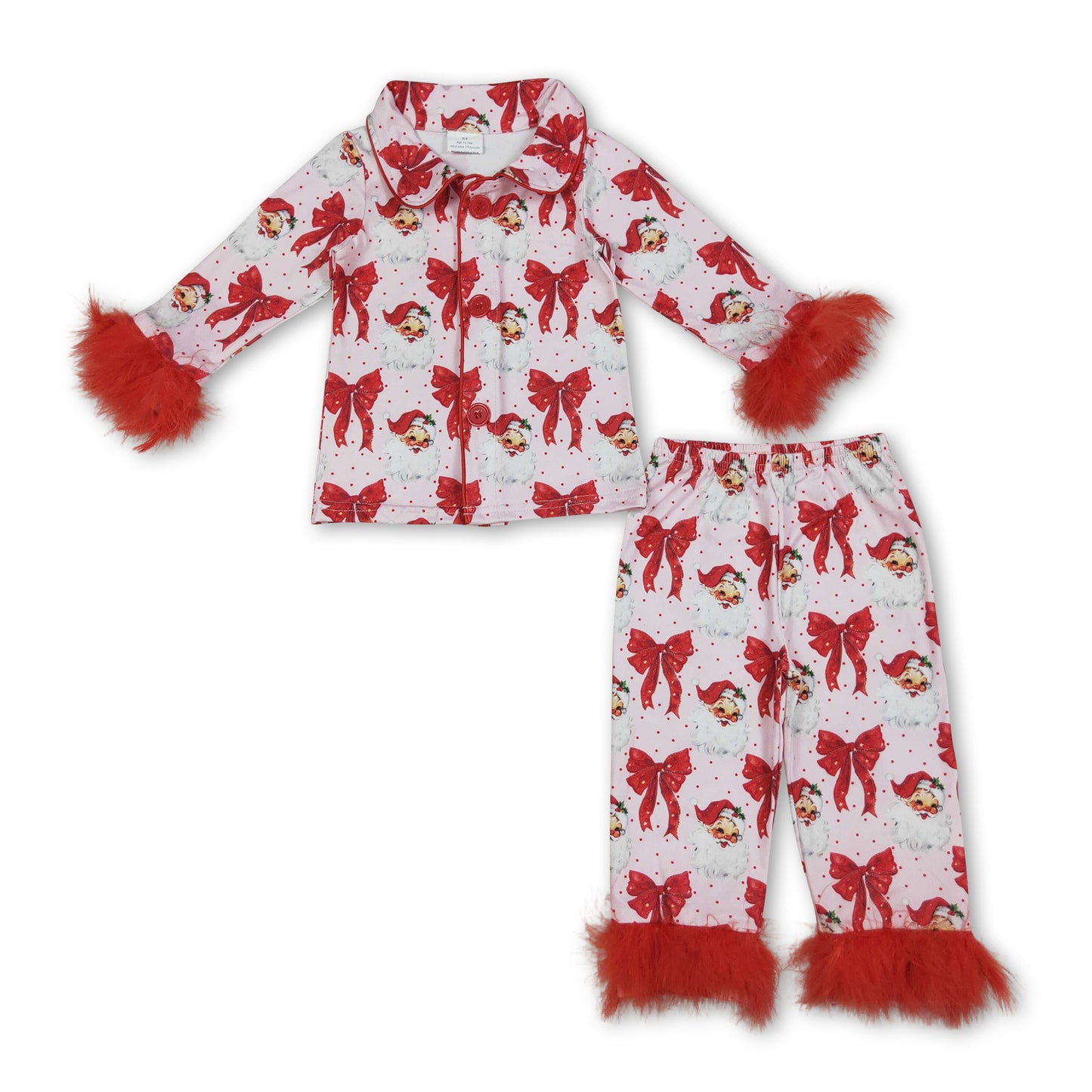 Red fur polka dots santa girls Christmas button down pajamas