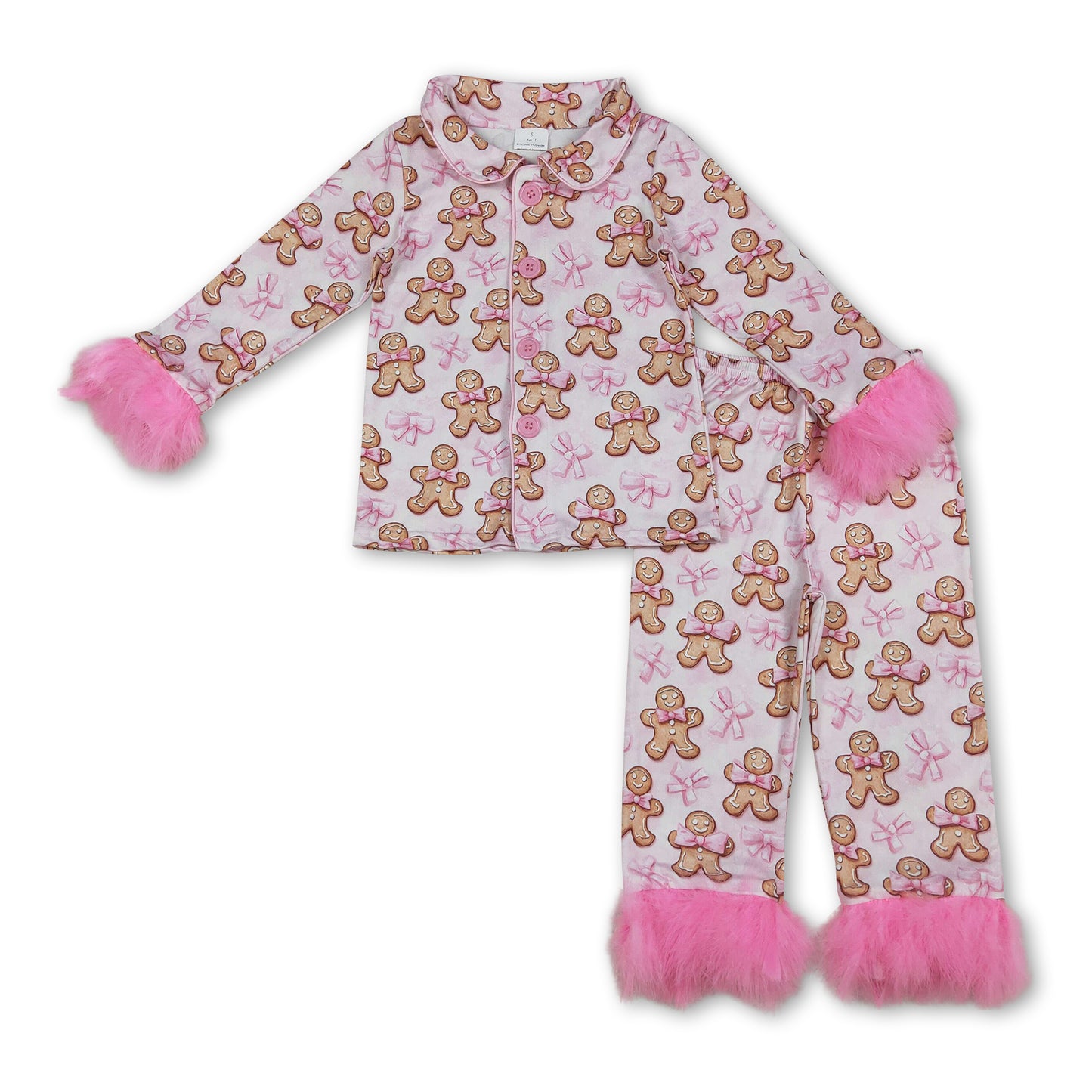 Pink fur gingerbread bow girls Christmas button down pajamas