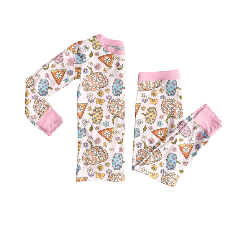 Long sleeves floral pumpkin pie girls fall pajamas