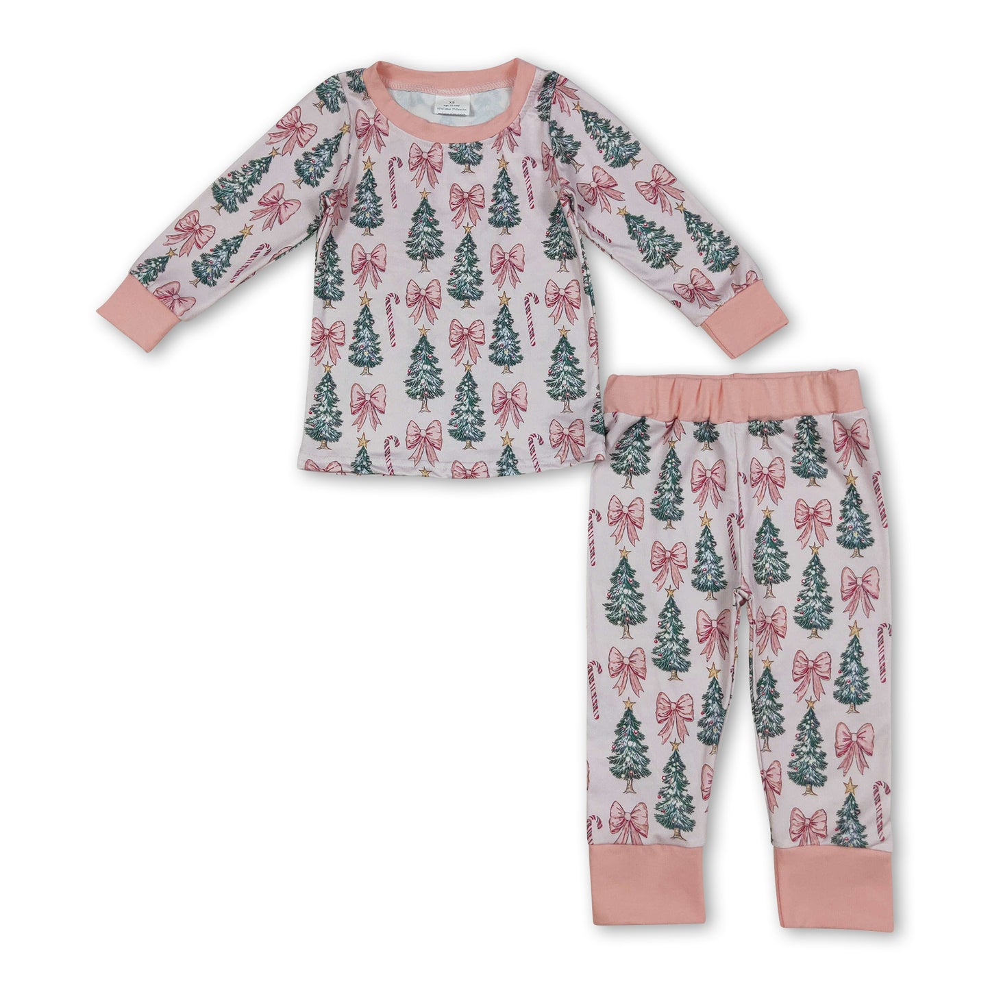 Pink bow candy cane Christmas tree girls pajamas