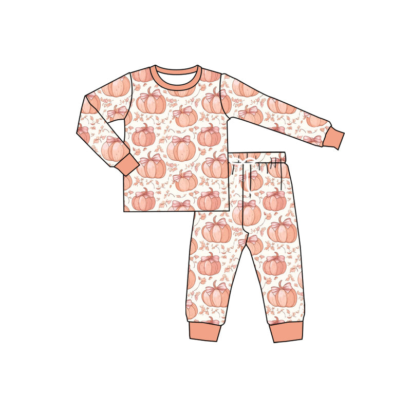 Long sleeves pumpkin bow kids girls fall pajamas