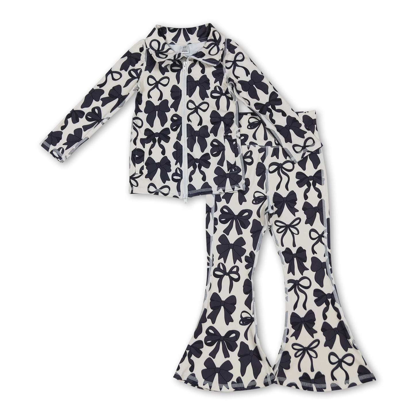 Long sleeves black bow zip jacket pants girls yoga clothes