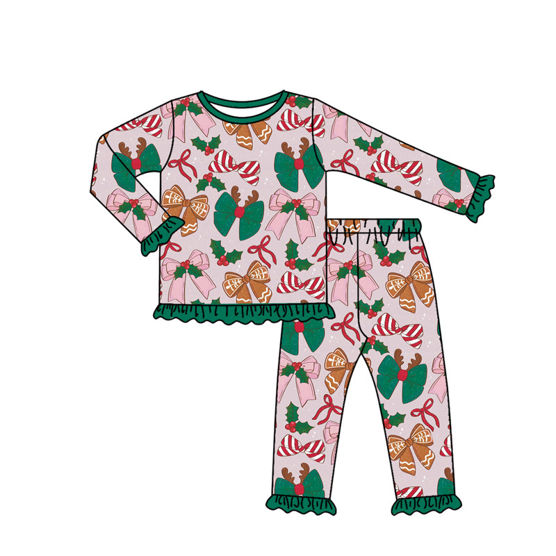 Green long sleeves gingerbread deer bows girls Christmas pajamas