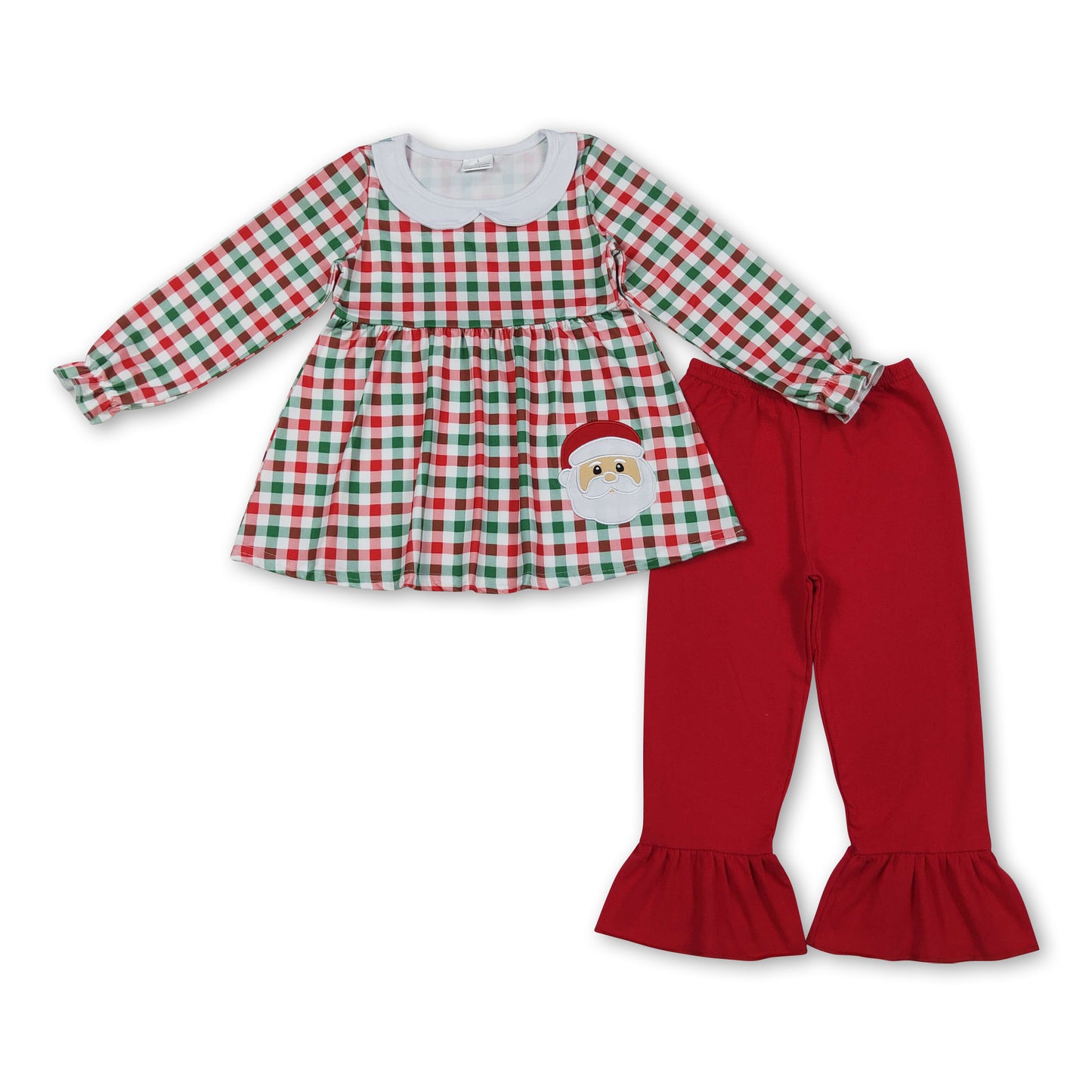 Red green plaid santa tunic ruffle pants girls Christmas outfits