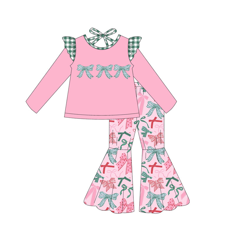 Pink long sleeves bow top bell bottom pants girls clothes