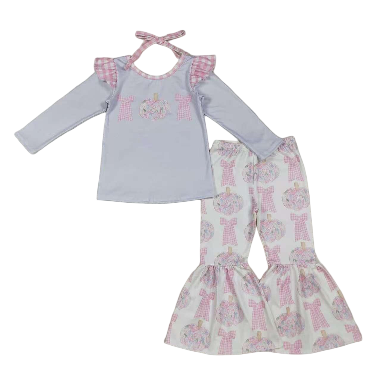 Floral pumpkin bow top bell bottom pants girls fall clothes