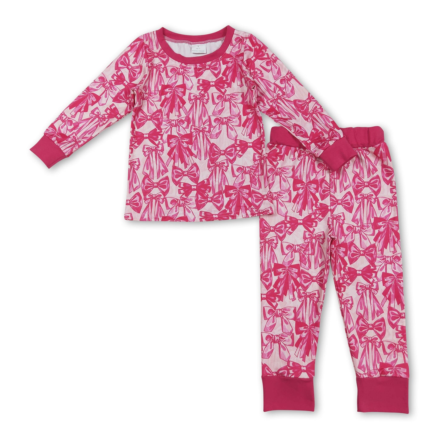Hot pink bow long sleeves top pants kids girls pajamas