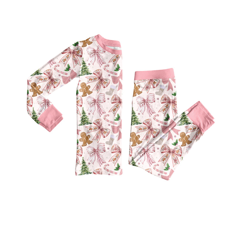 Pink long sleeves bow gingerbread girls Christmas pajamas