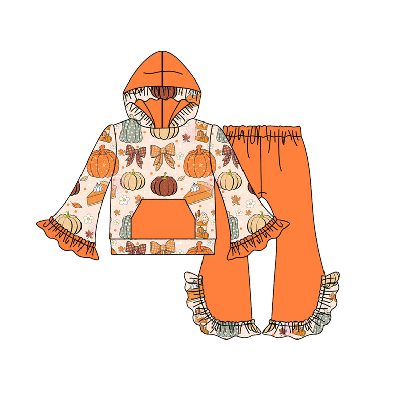 Pumpkin pie bow hoodie ruffle pants girls Thanksgiving set