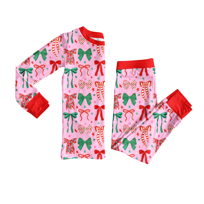Long sleeves red green bow kids girls Christmas pajamas
