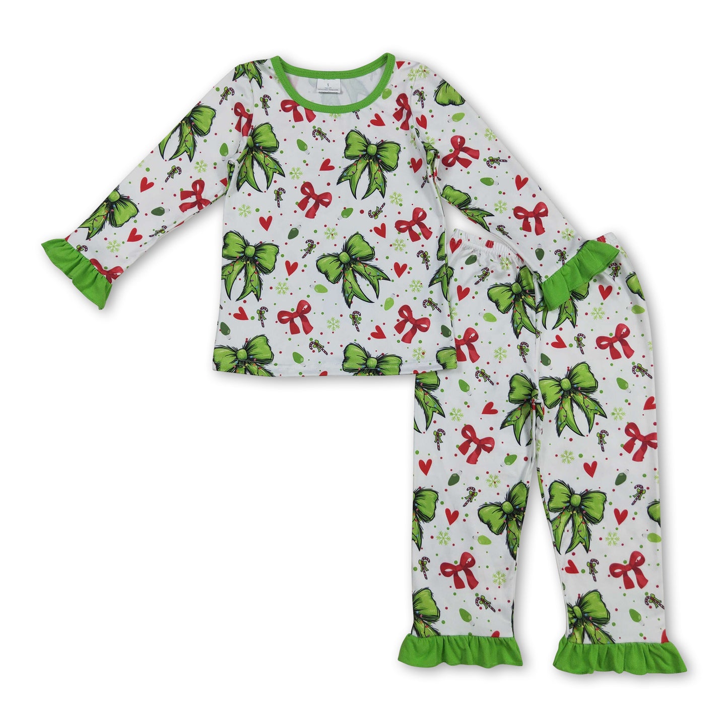 Ruffle long sleeves red green face heart girls Christmas pajamas