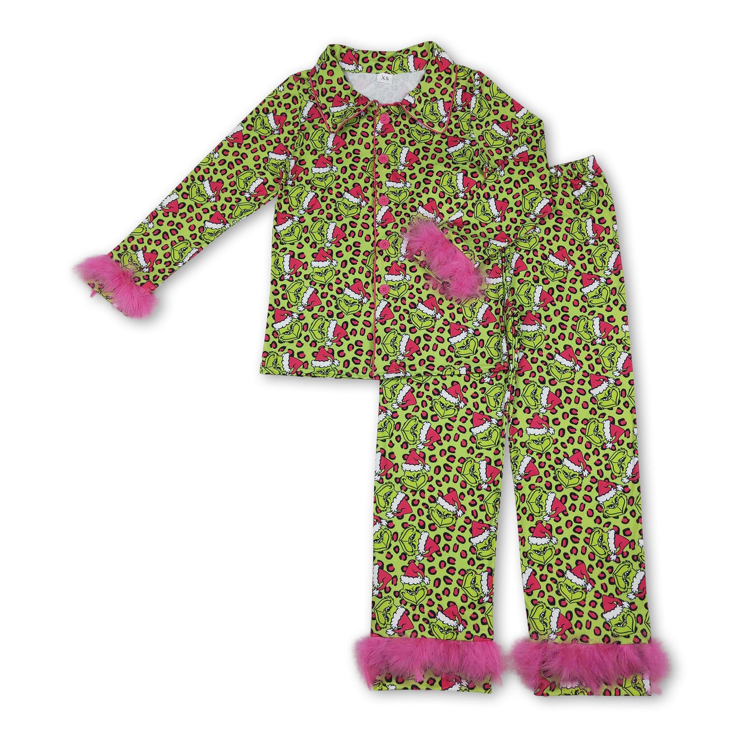 Leopard green face fur adult women Christmas button down pajamas