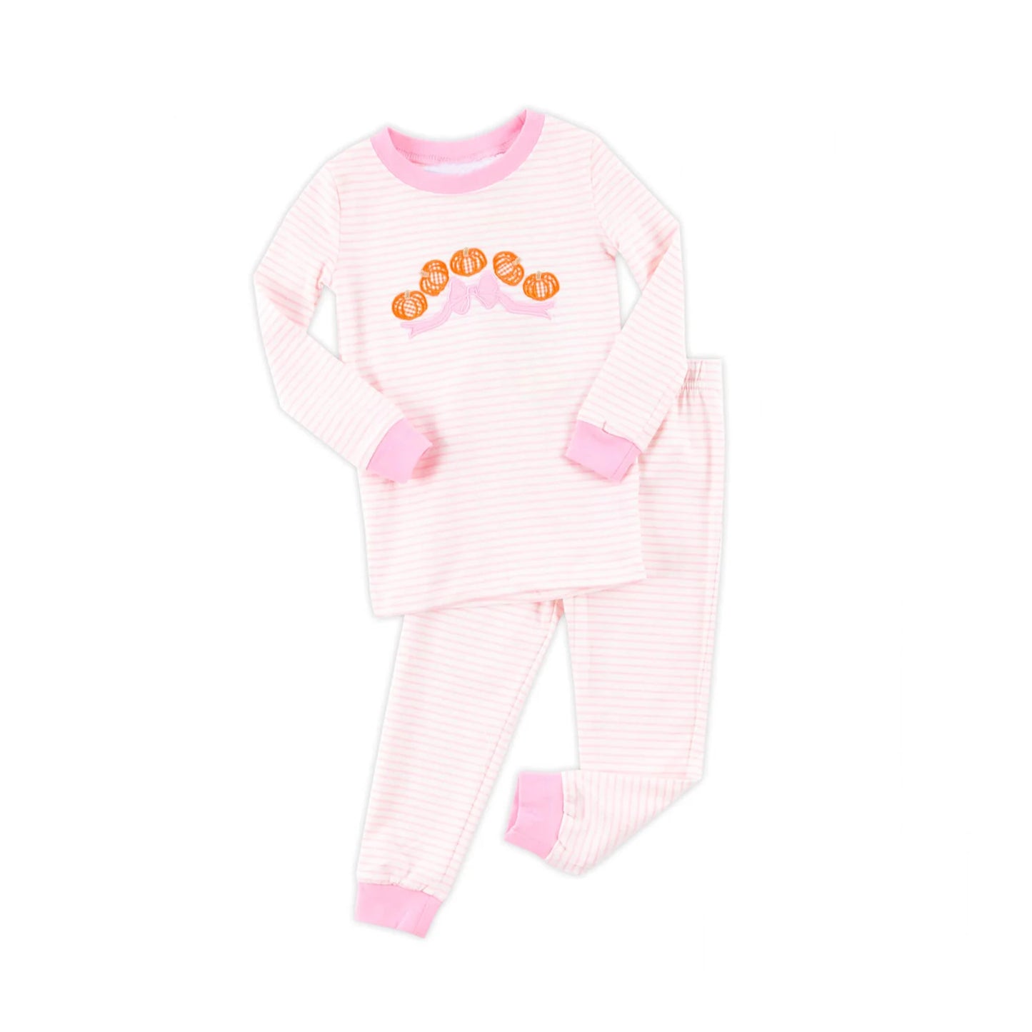 Pink stripe pumpkin bow long sleeves girls fall pajamas