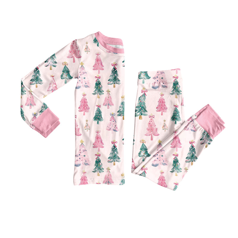 Long sleeves pink bow Christmas tree girls pajamas