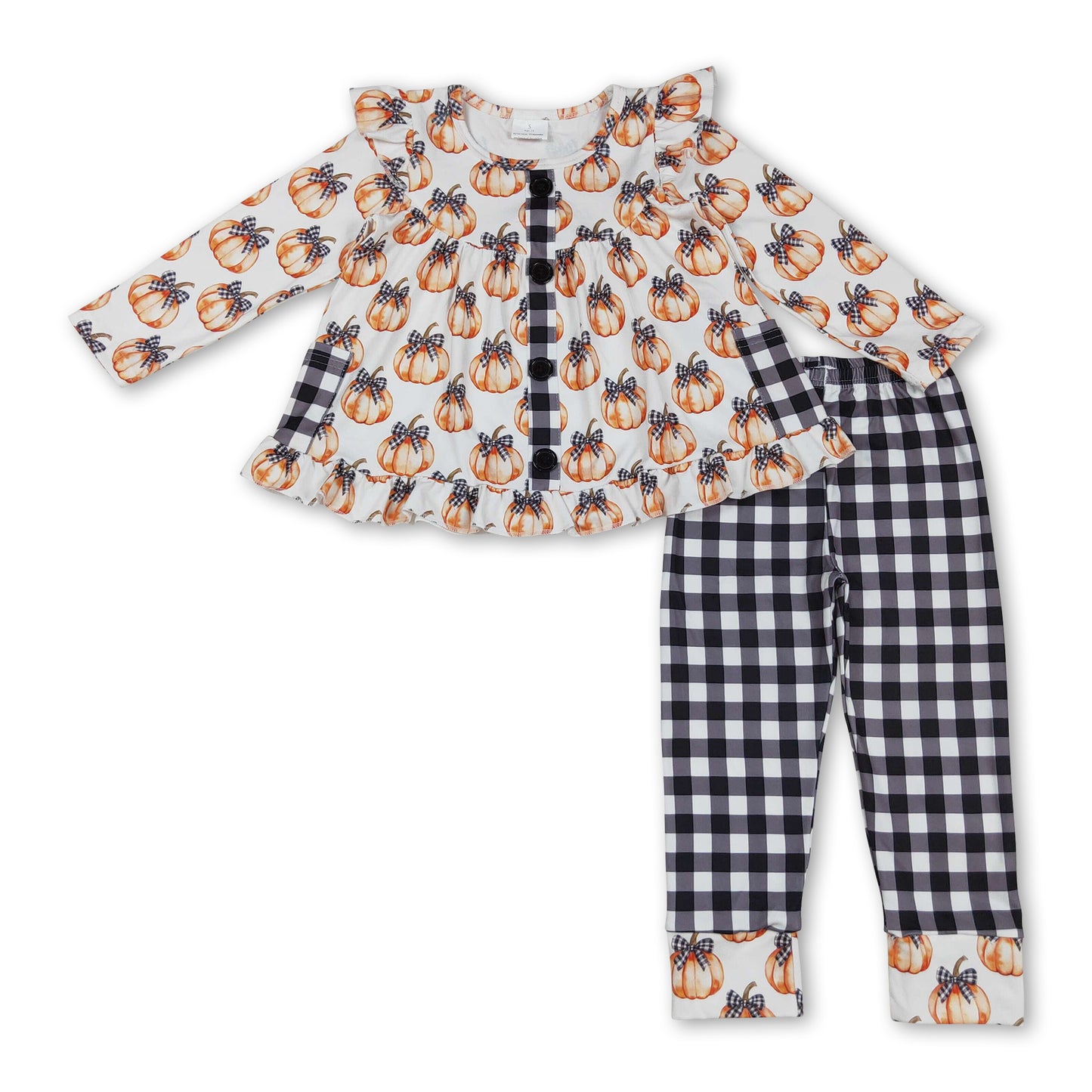 Long sleeves black plaid bow pumpkin girls fall clothes
