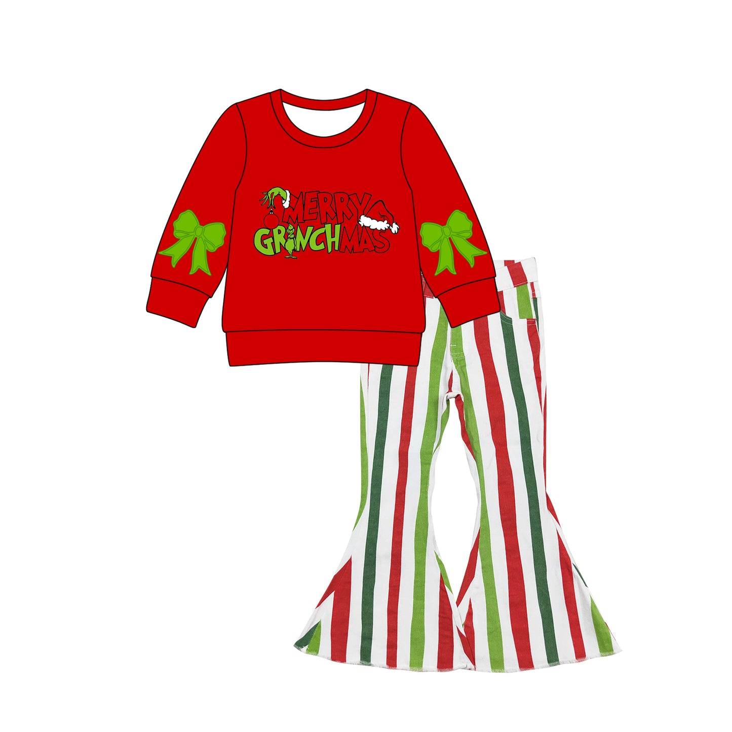 Merry Christmas green face bow top jeans girls clothing