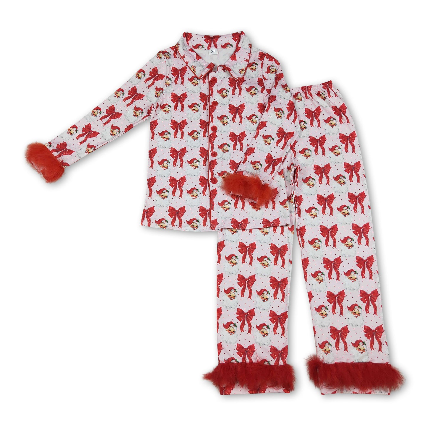 Santa bow fur adult women Christmas button down pajamas