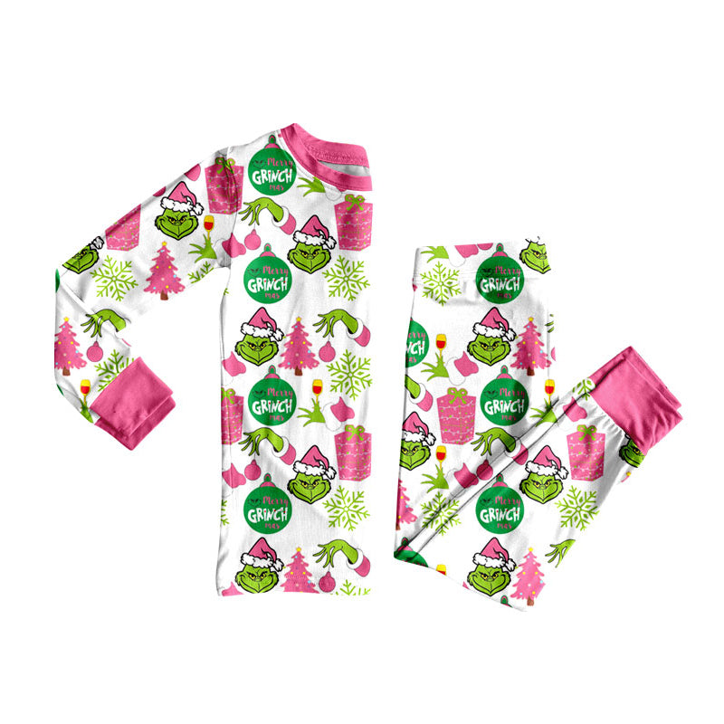Long sleeves gift green face kids girls Christmas pajamas