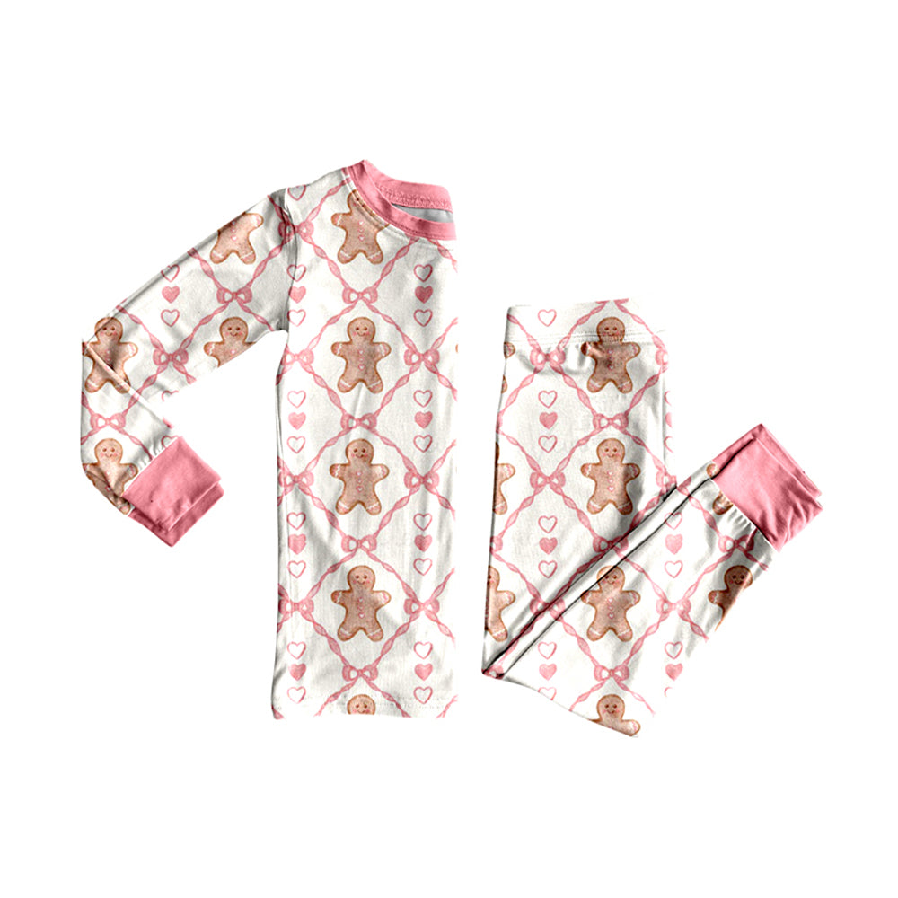 Pink bow heart gingerbread kids girls Christmas pajamas
