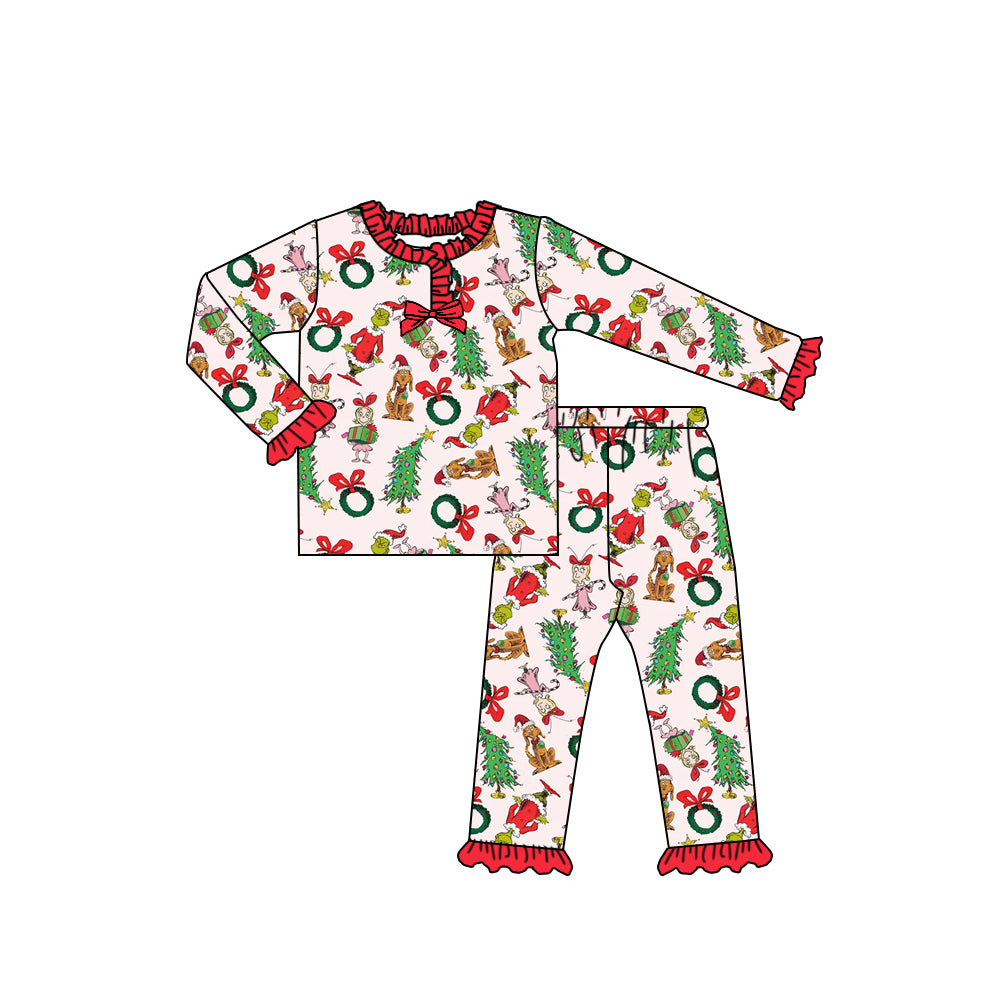 Ruffle long sleeves green face Christmas tree girls pajamas