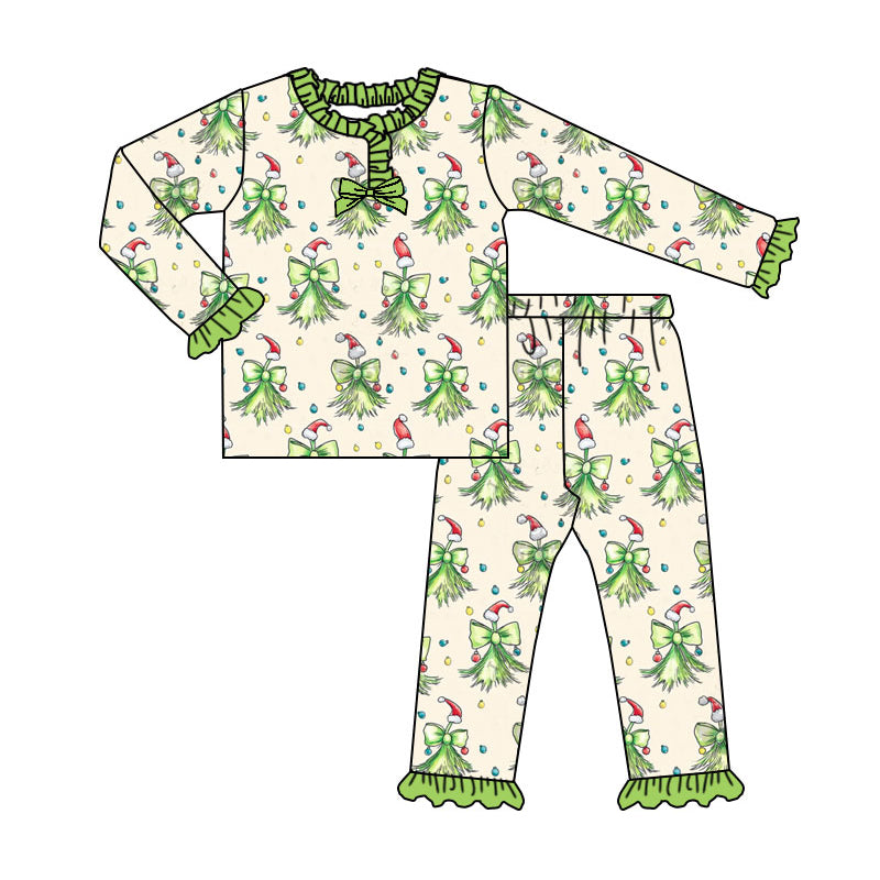 Long sleeves green face bows baby girls Christmas pajamas