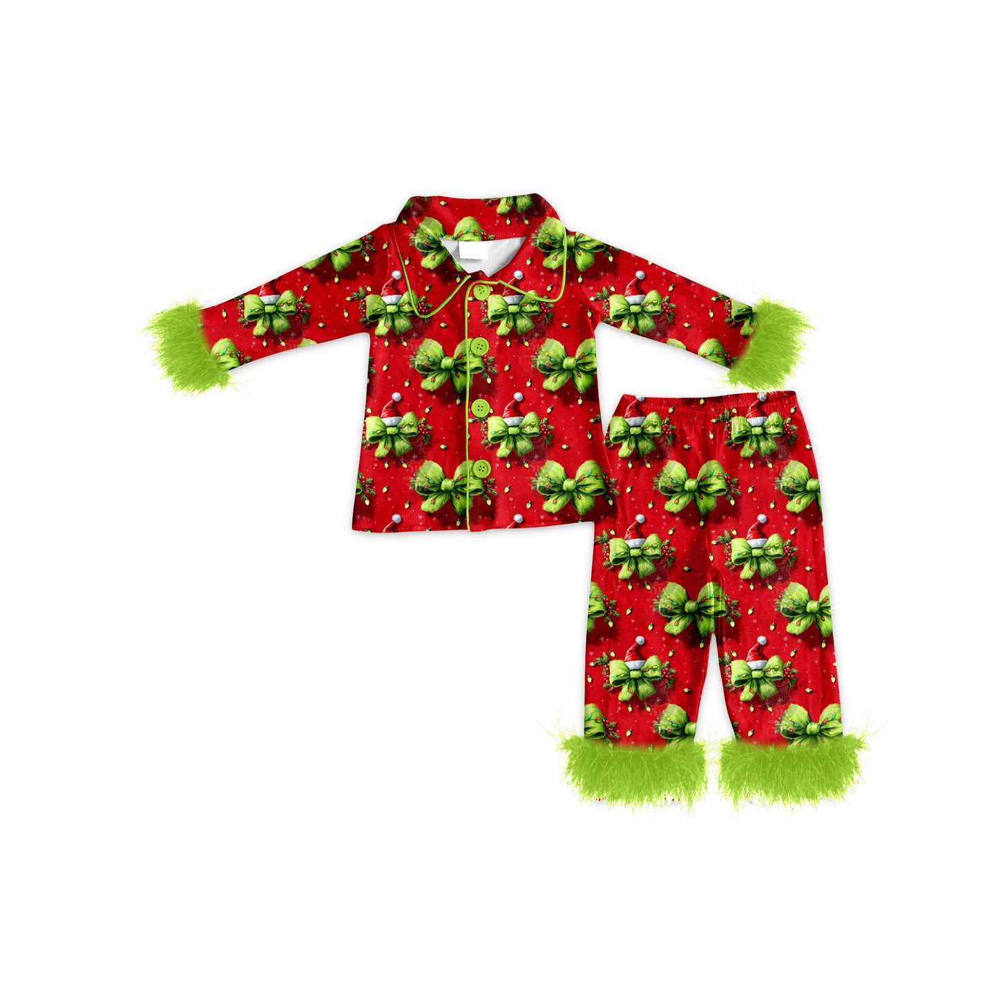 Fur sleeves green face bow girls Christmas button down pjs