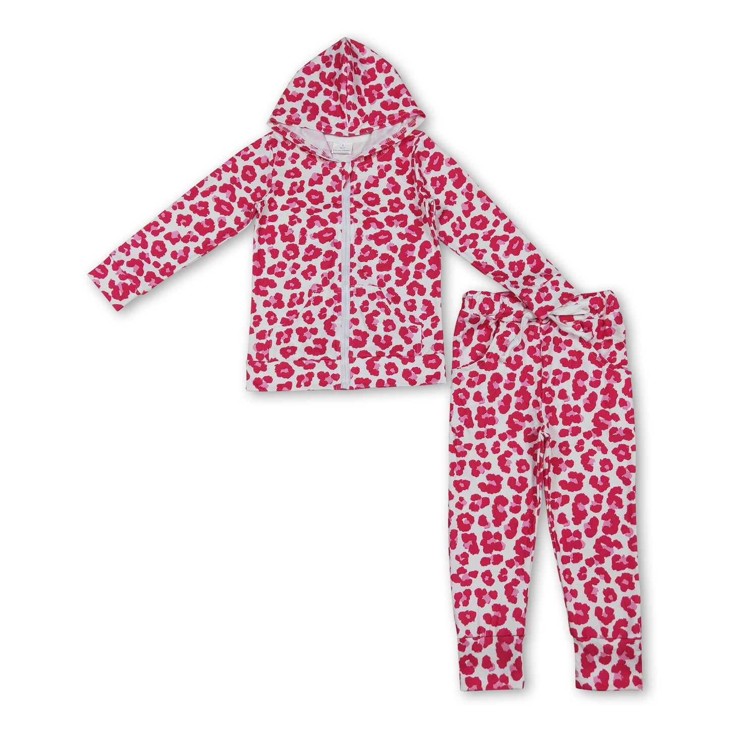 Pink leopard pocket zipper hooded jacket pants girls clothing