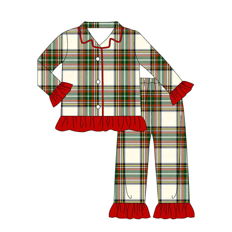 Ruffle red green plaid women button down Christmas pajamas