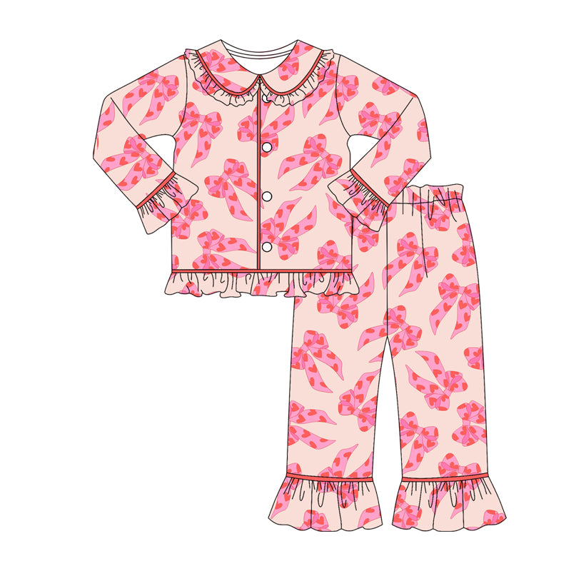 Heart bow girls Valentine's button down pajamas