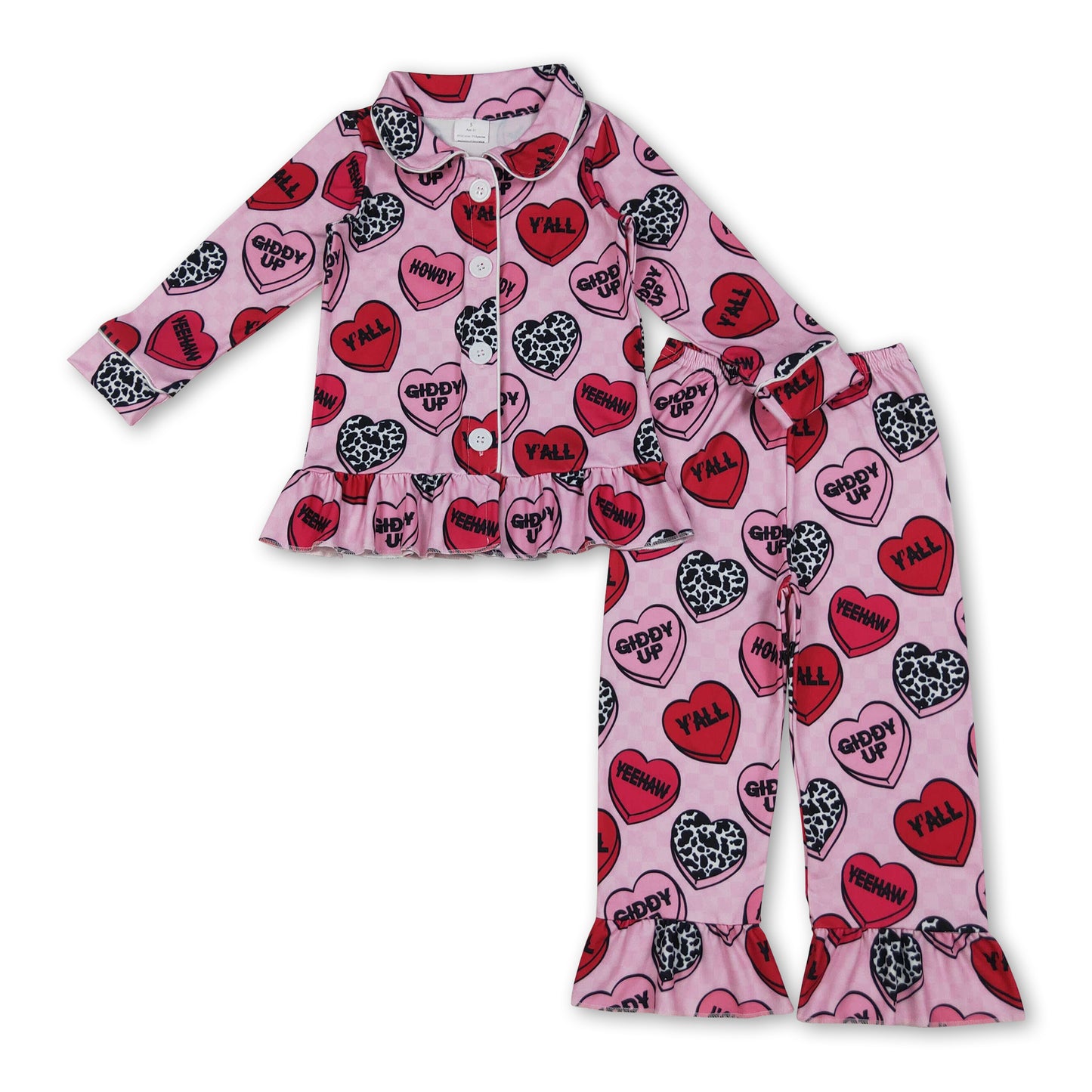 Cow heart kids girls valentine's button down pajamas
