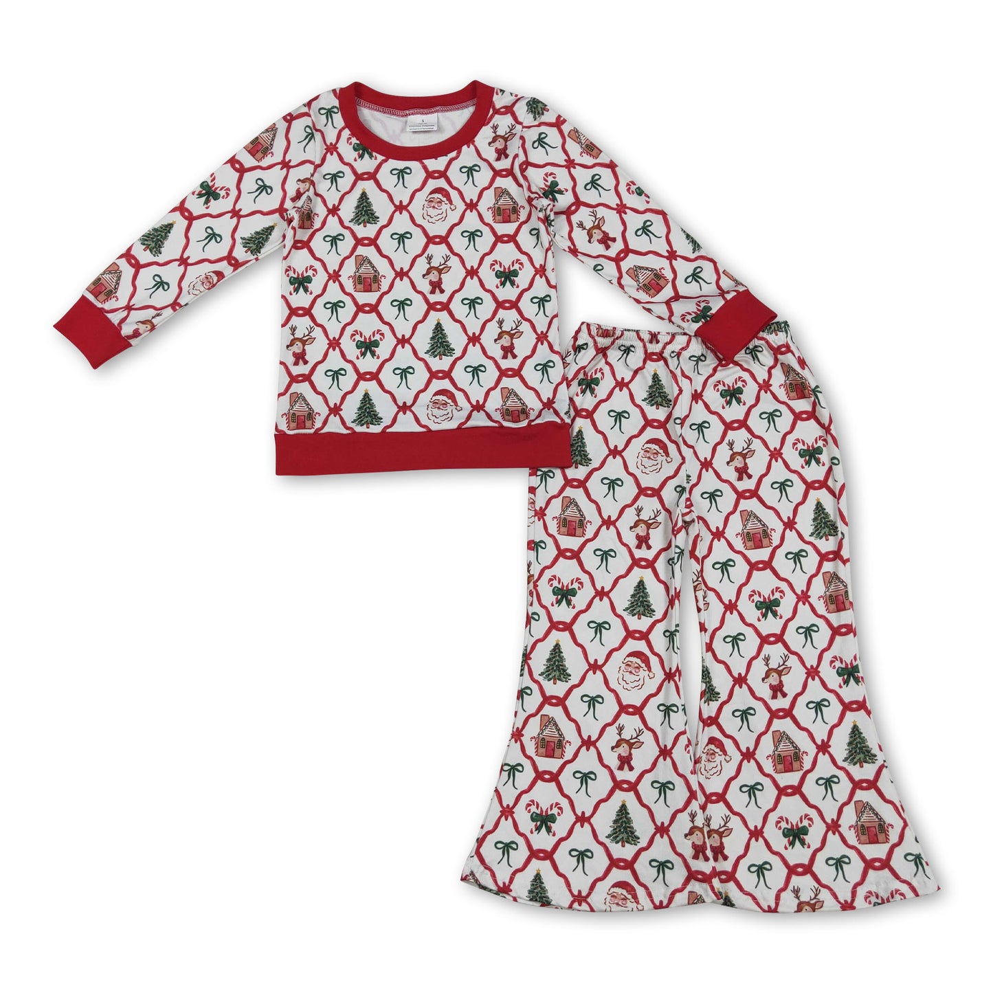 Deer santa bow top bell bottom pants girls Christmas outfits
