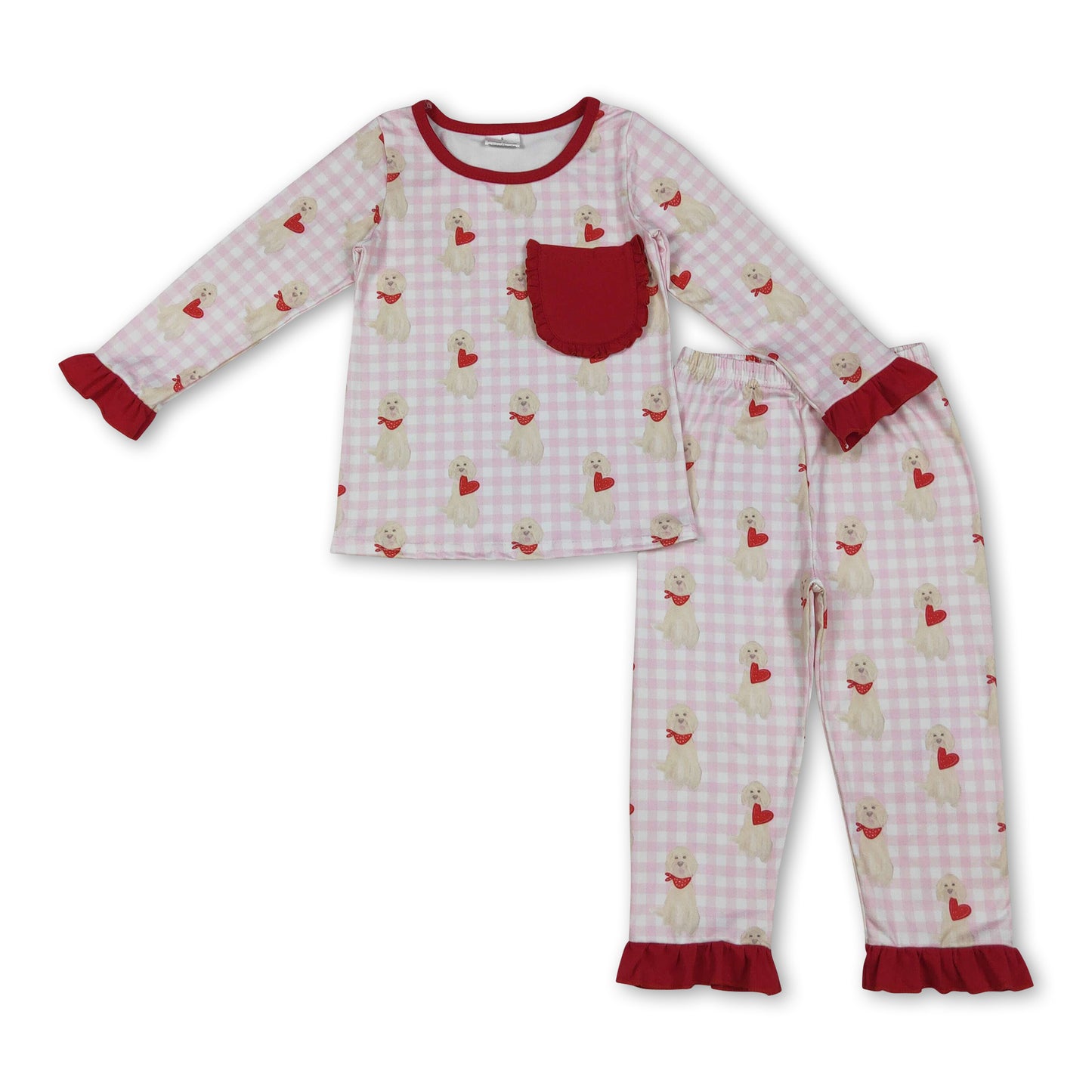 Pink plaid heart dog kids girls valentine's pajamas