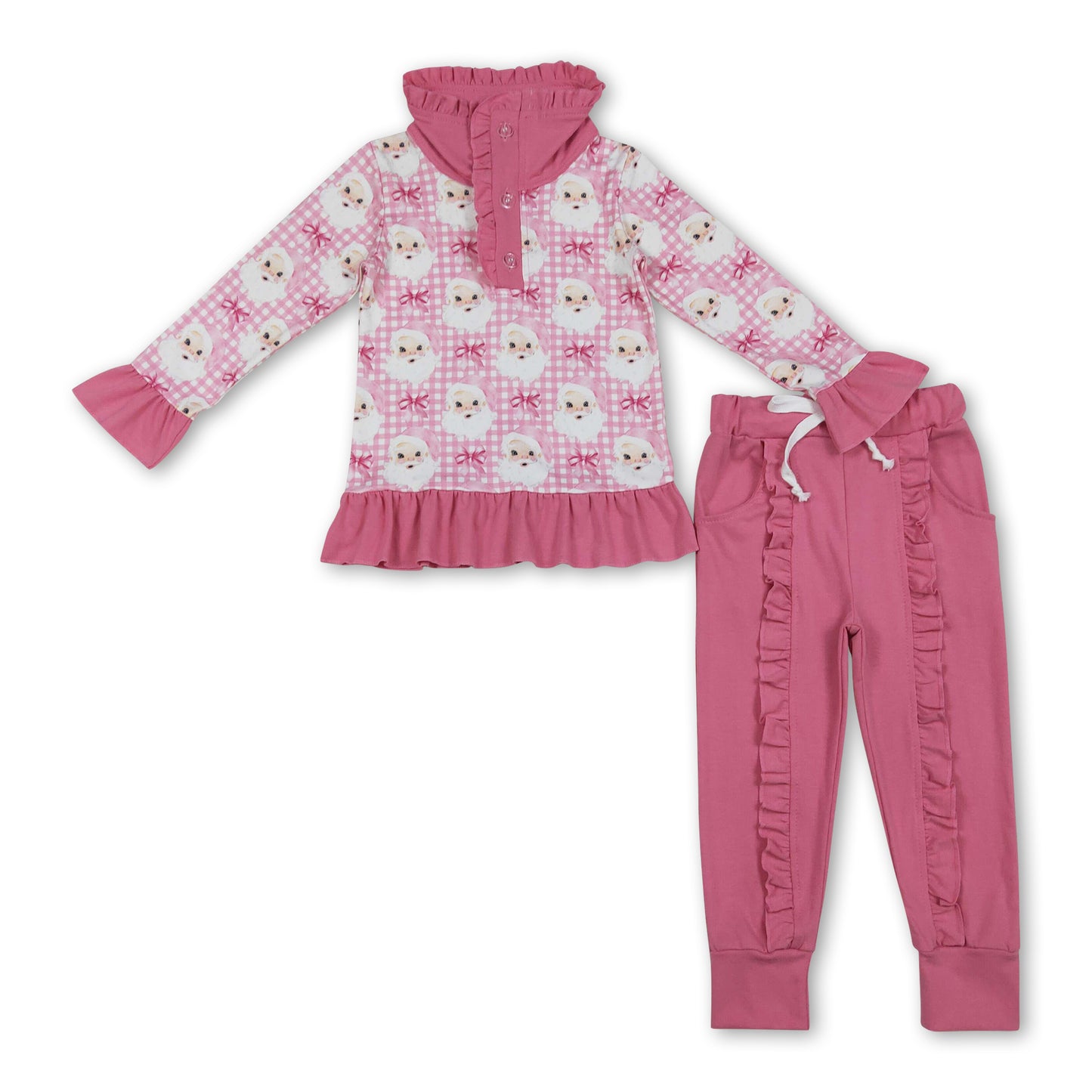 Pink plaid santa bow pullover ruffle pants girls Christmas set