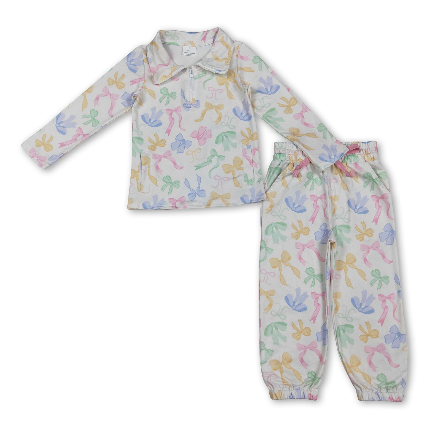Colorful bow zipper pullover pants girls clothing set