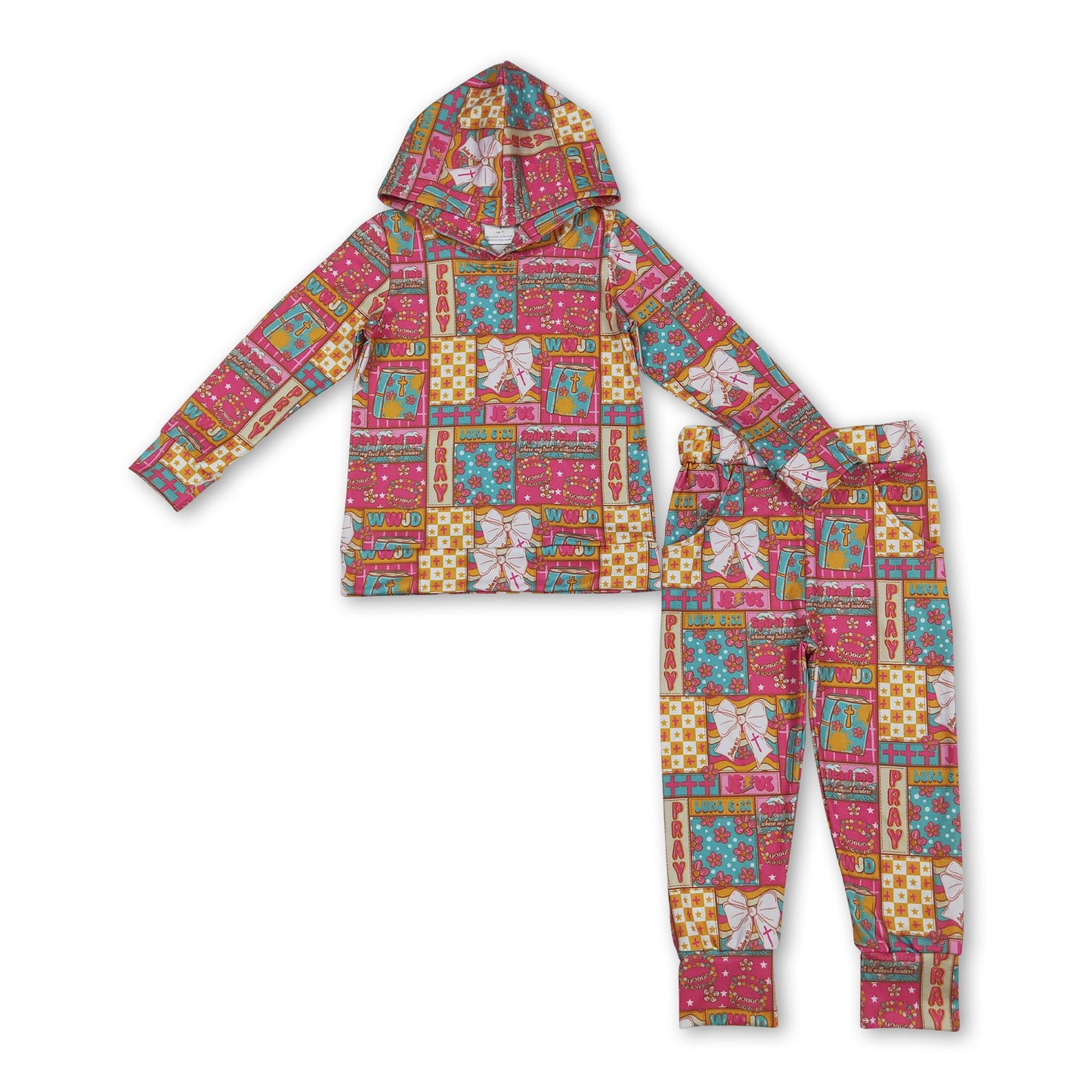 Long sleeves cross bow floral hoodie pants girls clothing