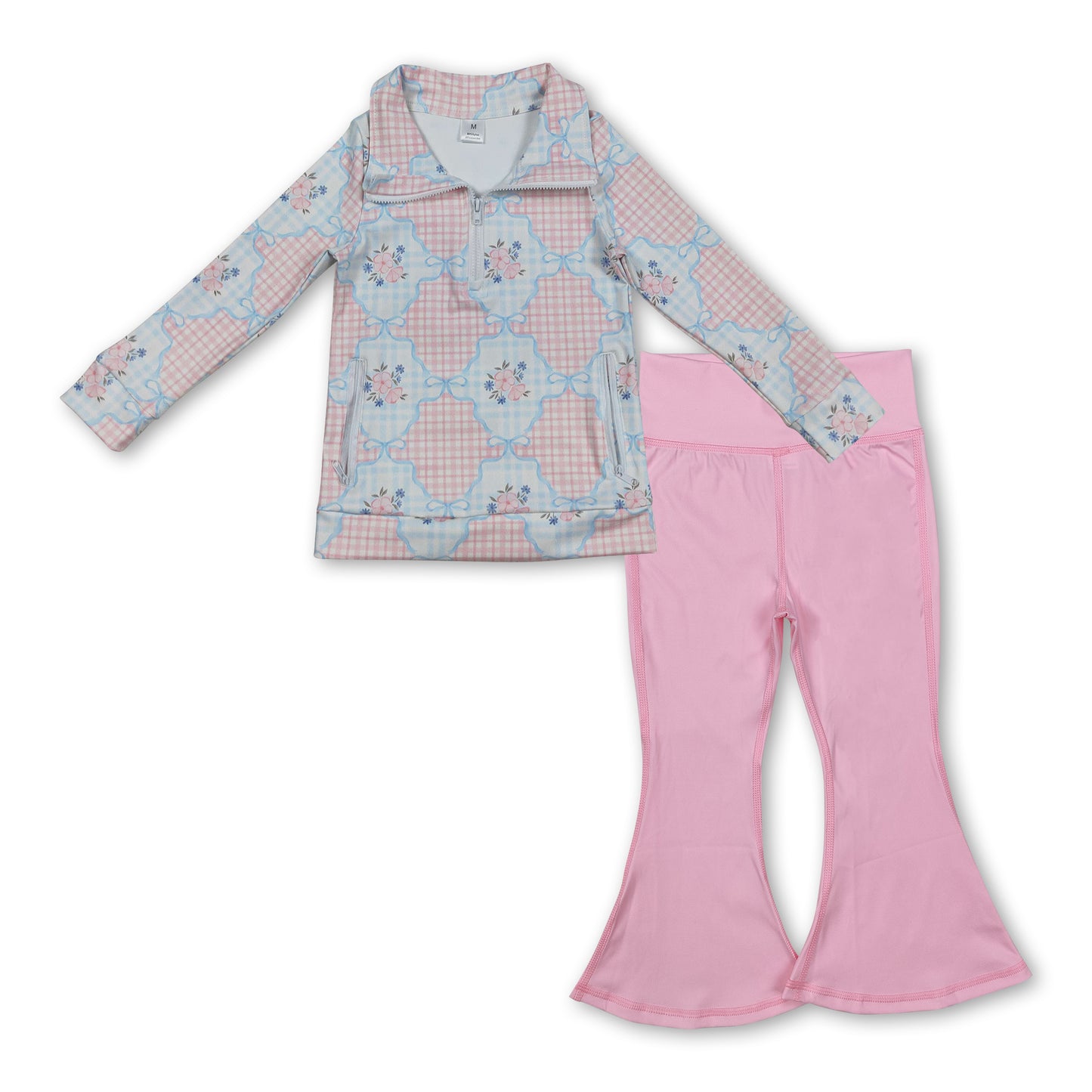 Plaid floral bow zip pullover pants girls yoga clothing set
