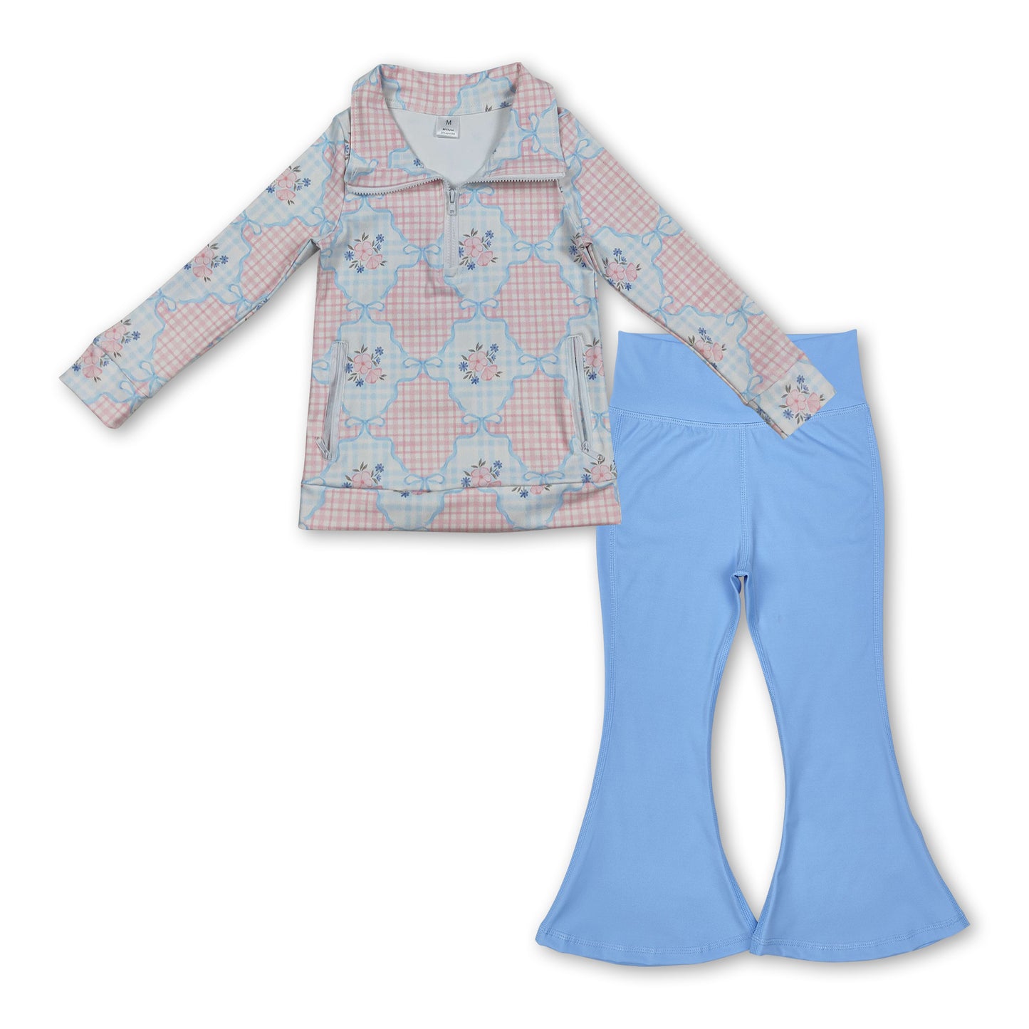 Plaid floral bow zip pullover light blue pants girls yoga clothes