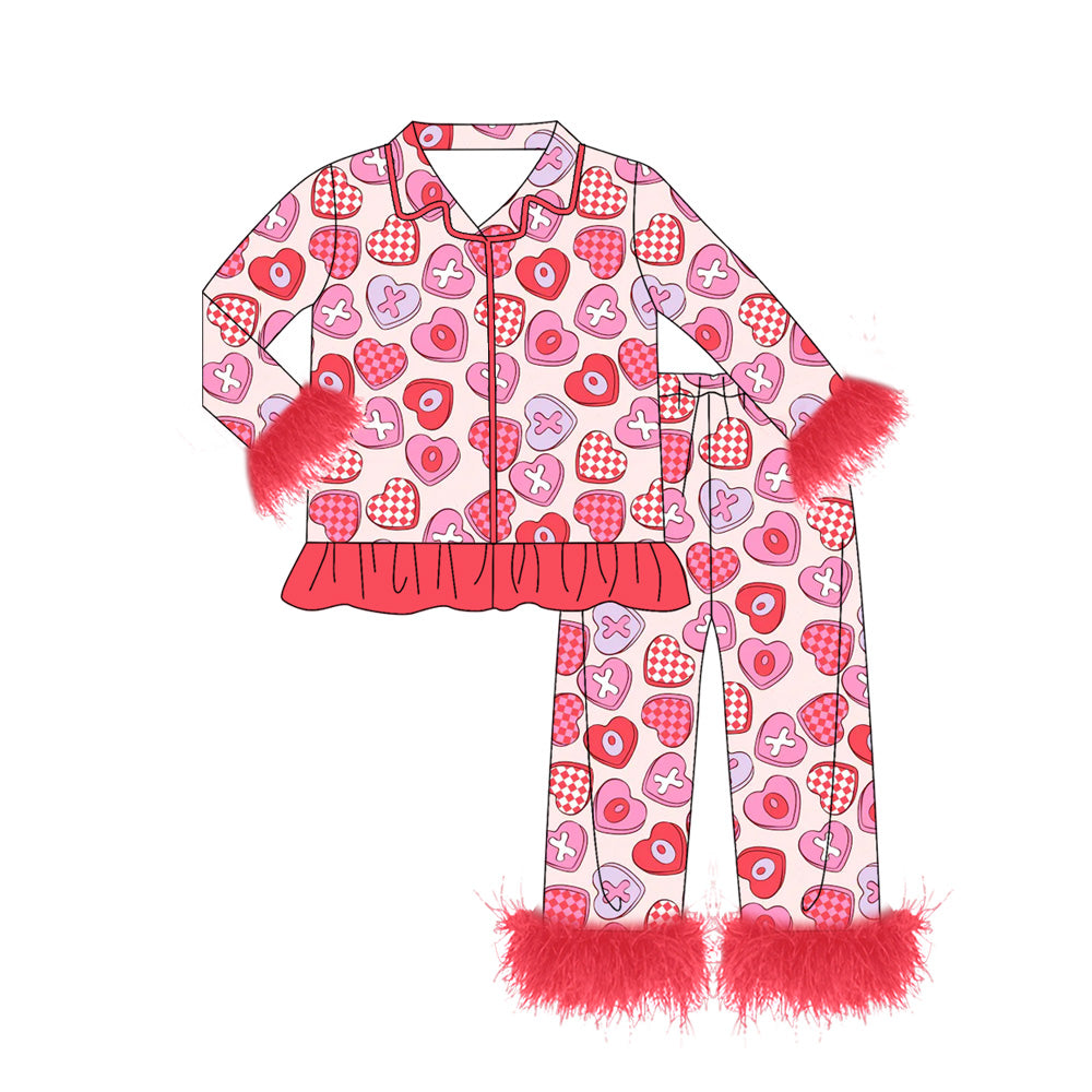 valentine heart fur long sleeves girls button down pajamas