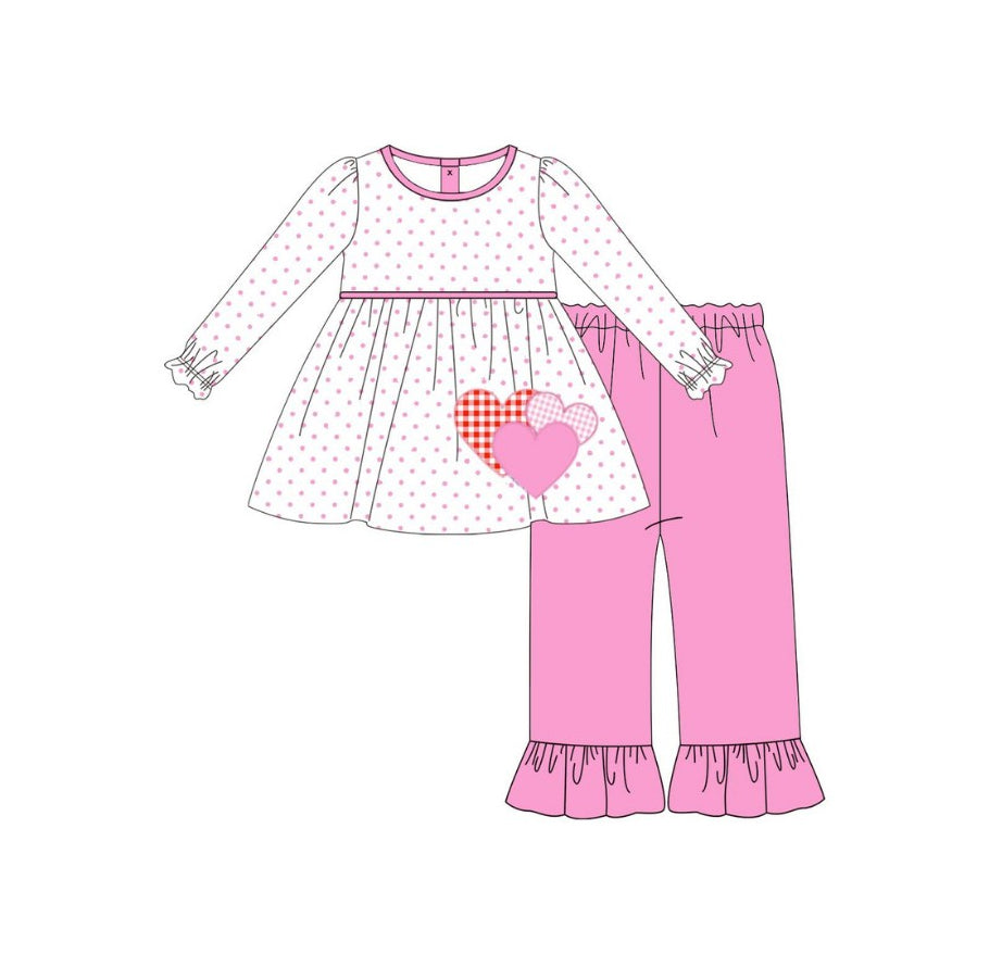 pink polka heart print girls long sleeve valentine's day set
