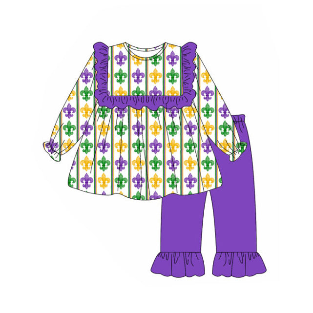 purple yellow green pattern kids girls Mardi Gras outfits