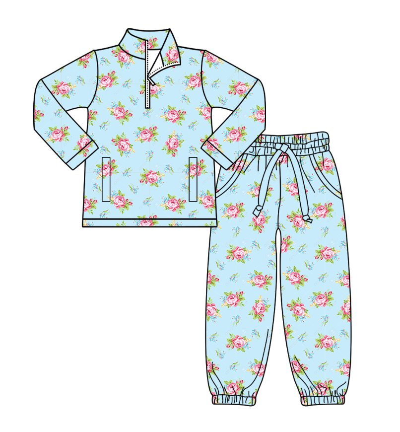 pink flowers girls pocket fall yoga set