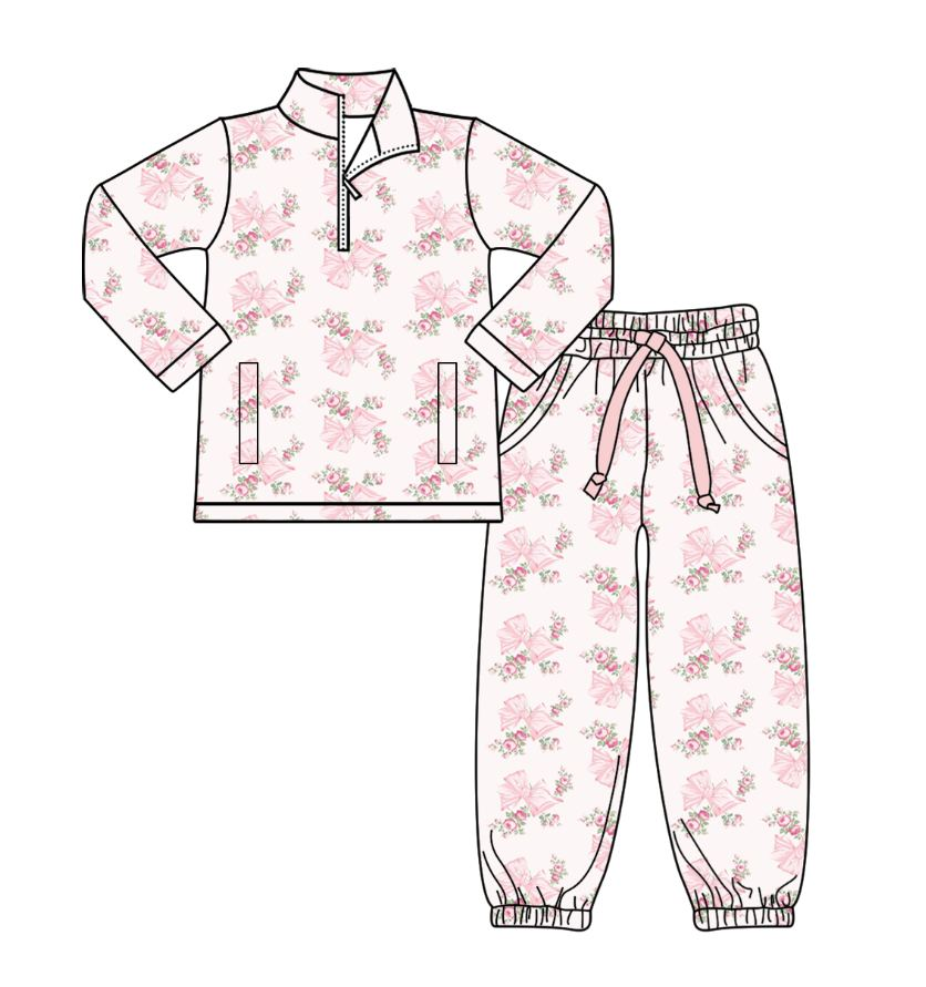 pink flowers bows  girls pocket fall yoga pink set